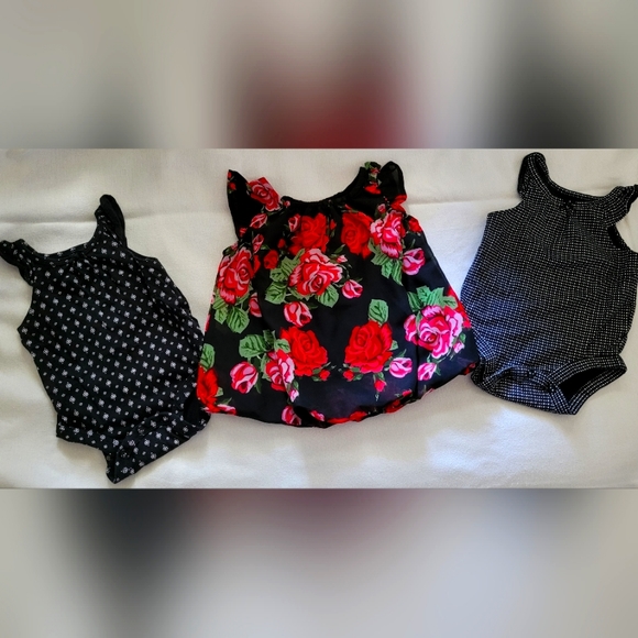 Girls 3mth Floral Dress/ Black& white Onesie set - Picture 1 of 3